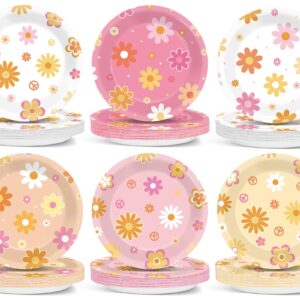 ojustbeok 48pcs Groovy Daisy Party Supplies Hippie Paper Plates Daisy Party Decorations Retro Daisy Plates Tableware Hippie Boho Flower Dessert Plates for Birthday Bridal Baby Shower Party Favor