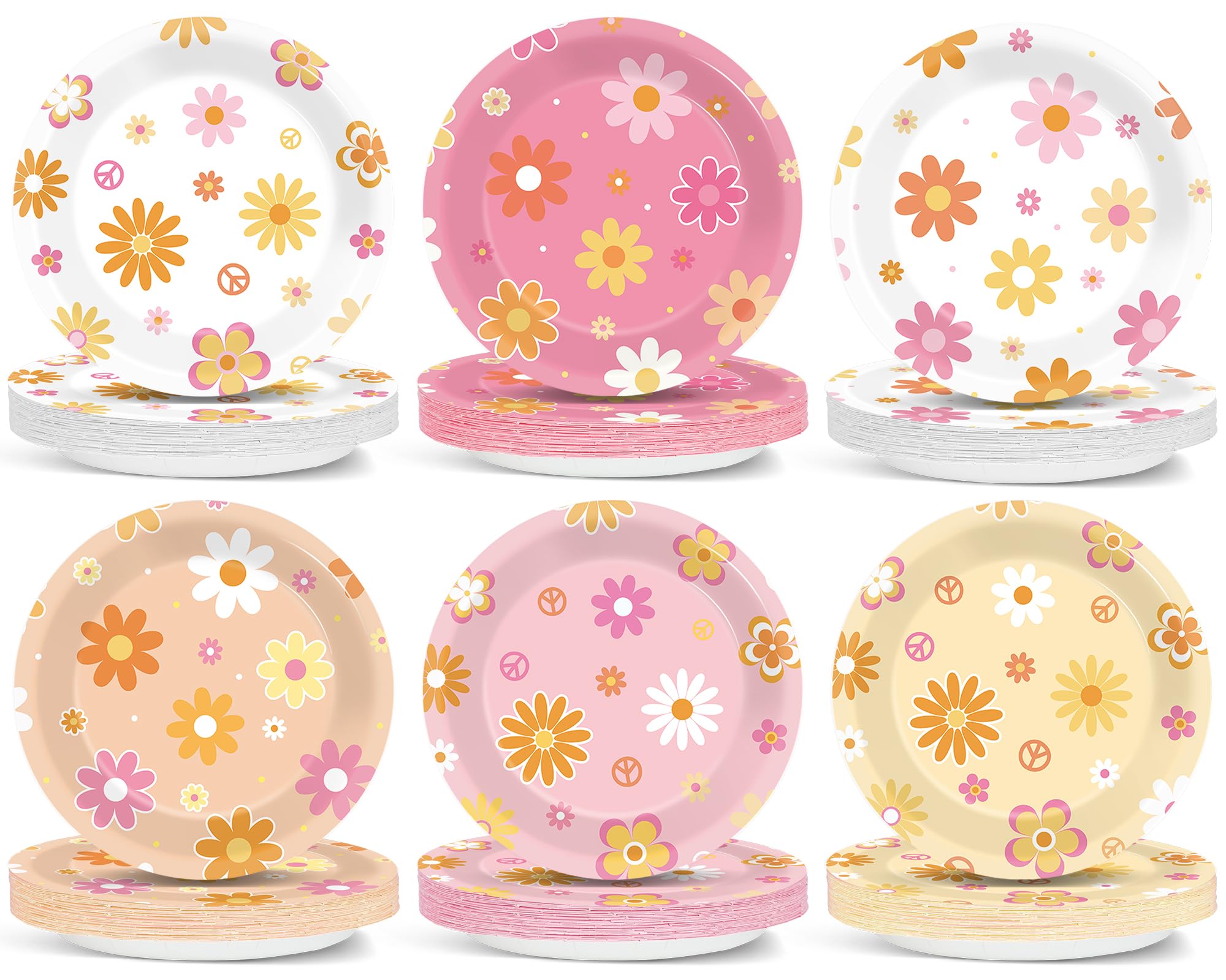 ojustbeok 48pcs Groovy Daisy Party Supplies Hippie Paper Plates Daisy Party Decorations Retro Daisy Plates Tableware Hippie Boho Flower Dessert Plates for Birthday Bridal Baby Shower Party Favor