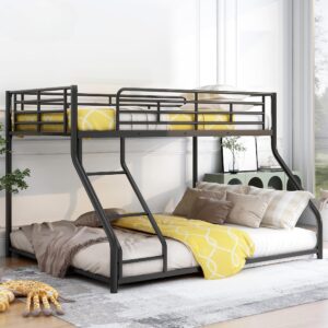 FRANSOUL Full XL Over Queen Size Bunk Bed, Heavy Duty Metal Bunk Bed Frame with Inclined Ladder & Safety Guardrail, Low Metal Floor Bed for Teens Youths Adults, Space Saving & Noise Free