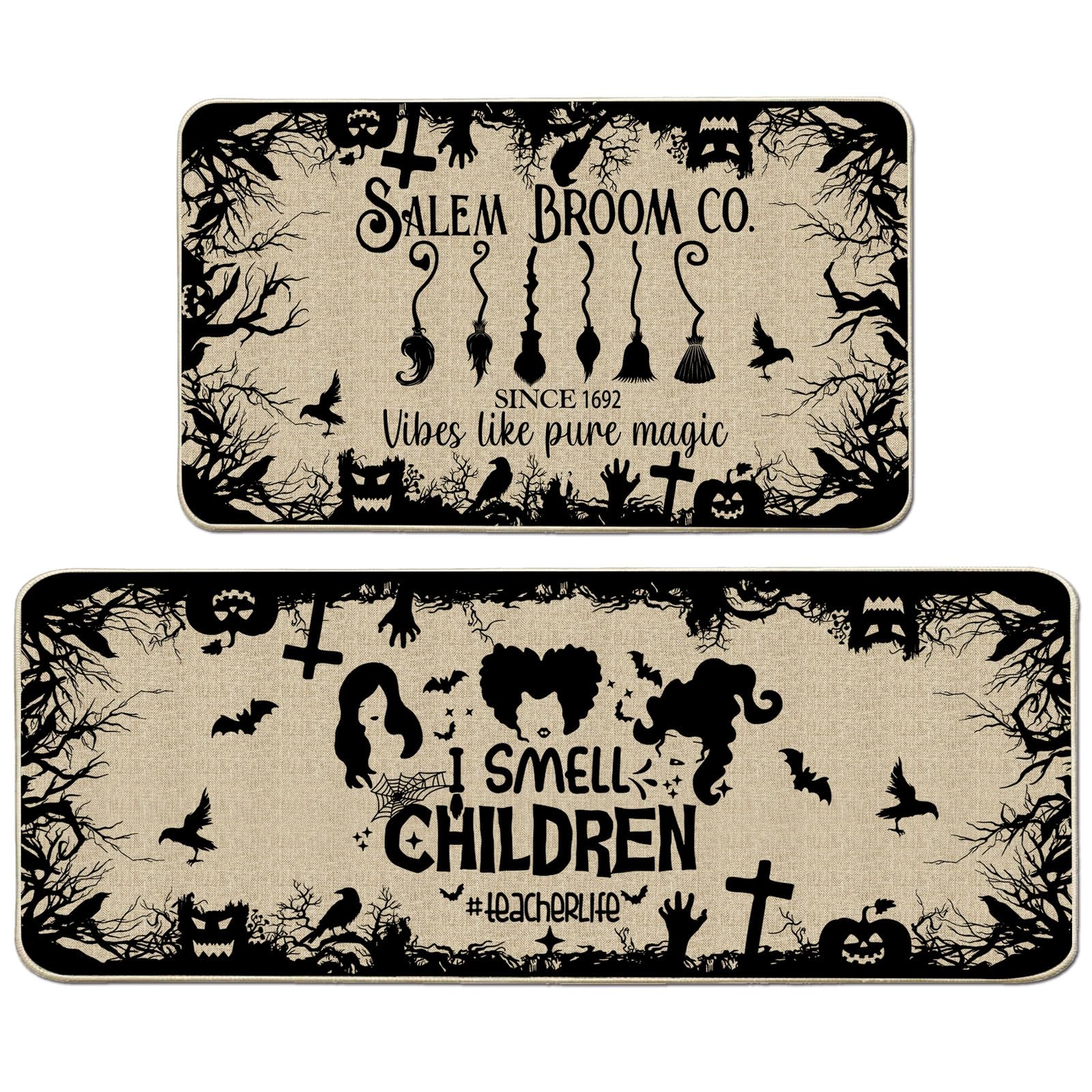 cusugbaso Halloween Kitchen Mats, Witches Kitchen Rugs Set of 2 - I Smell Children Halloween Kitchen Decor for Floor - Halloween Decorations for Home 17"x27+17"x47"