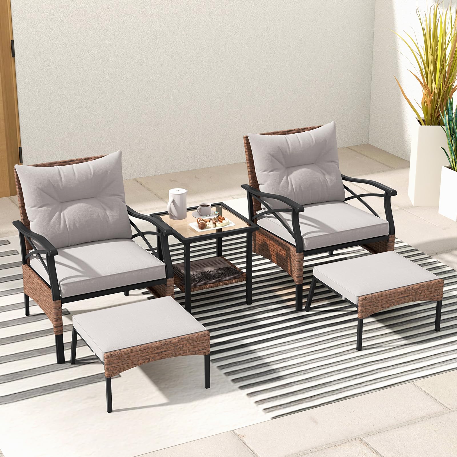 Tangkula 5 Pieces Wicker Patio Furniture Set, Outdoor Rattan Chairs with Ottomans, Cushions and 2-Tier Tempered Glass Side Table, Patio Conversation Bistro Set for Garden, Porch, Balcony