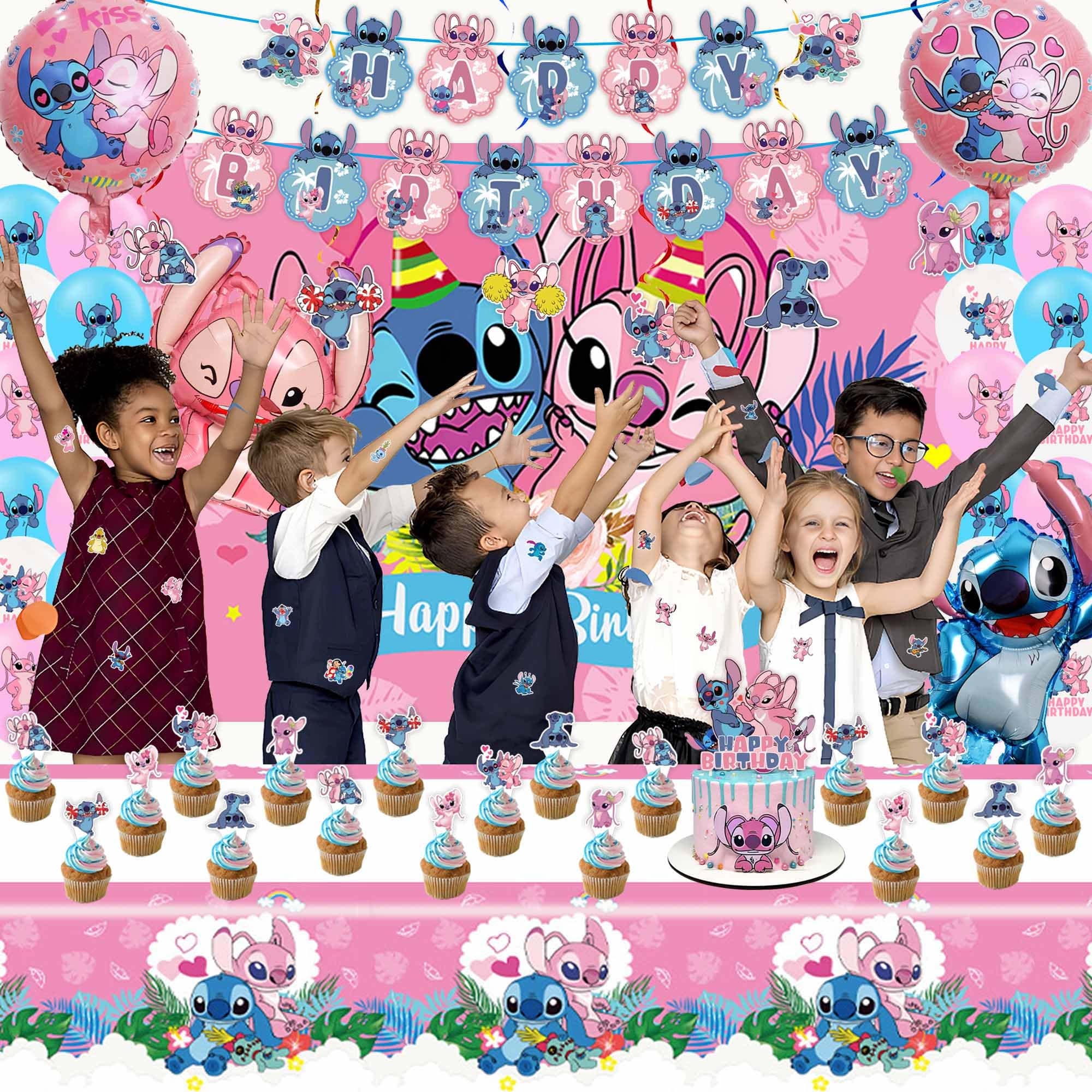 DOCOKY Cartoon Birthday Decorations, Birthday Party Decorations Include Banner, Balloons, Cake Toppers, Backdrop, Stickers, Hanging Swirls, Tablecloth for Boys and Girls Theme Party Supplies