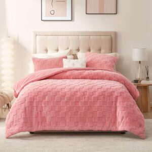 Cozy Bliss Fluffy Queen Size Comforter Set, Farmhouse Jacquard Checkered Sherpa Bed Set, Ultra Soft Thick Bedding Set for Winter, 3 Pieces, 1 Fuzzy Comforter & 2 Pillow Shams, Hot Pink