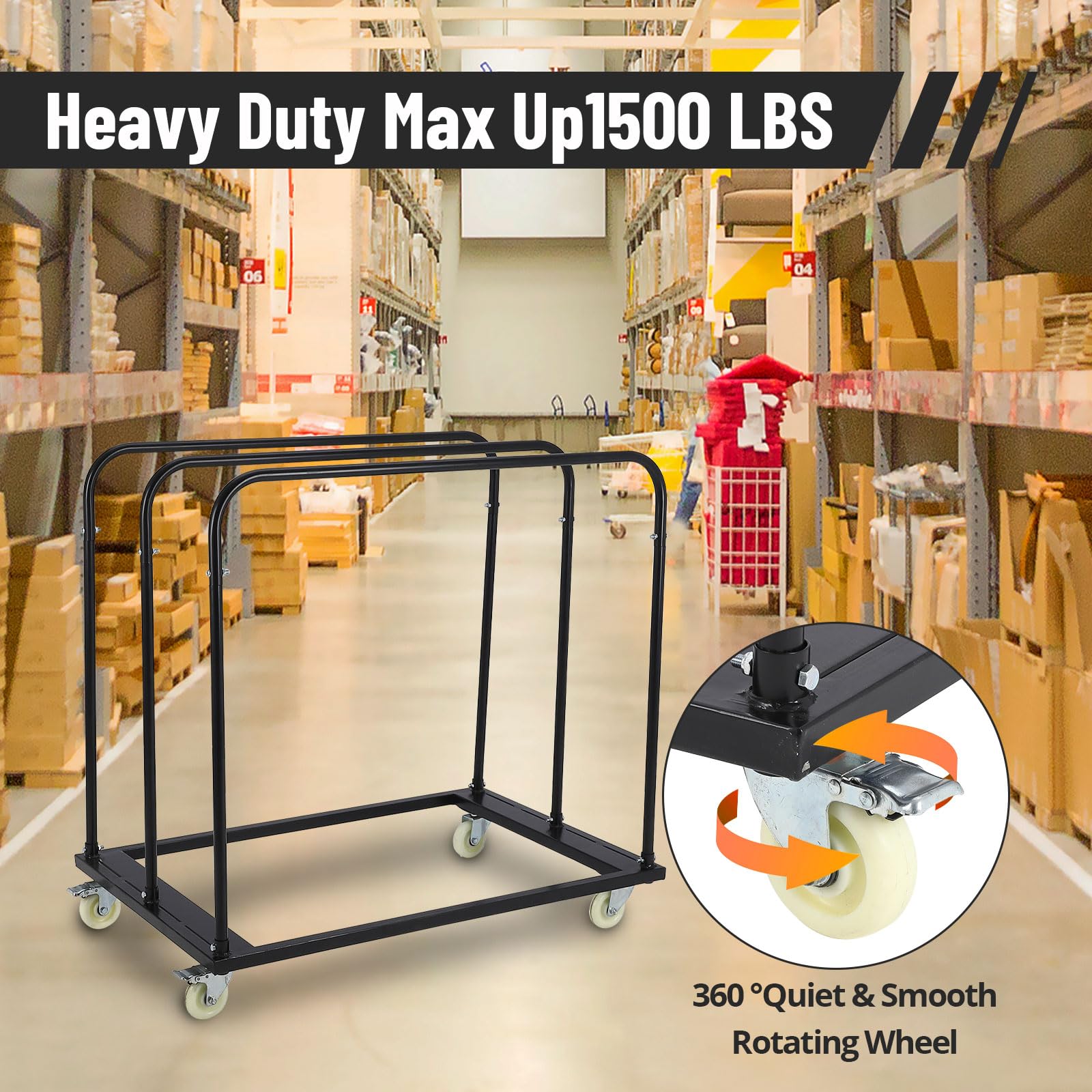 Steel Panel Truck, 1500 LBS Panel Dolly Cart with 5" Swivel Casters and 45" x 29" Deck, Heavy-Duty Drywall Sheet Cart, Handling Wall Panel, Sheetrock, Lumber for Garage, Home, Warehouse