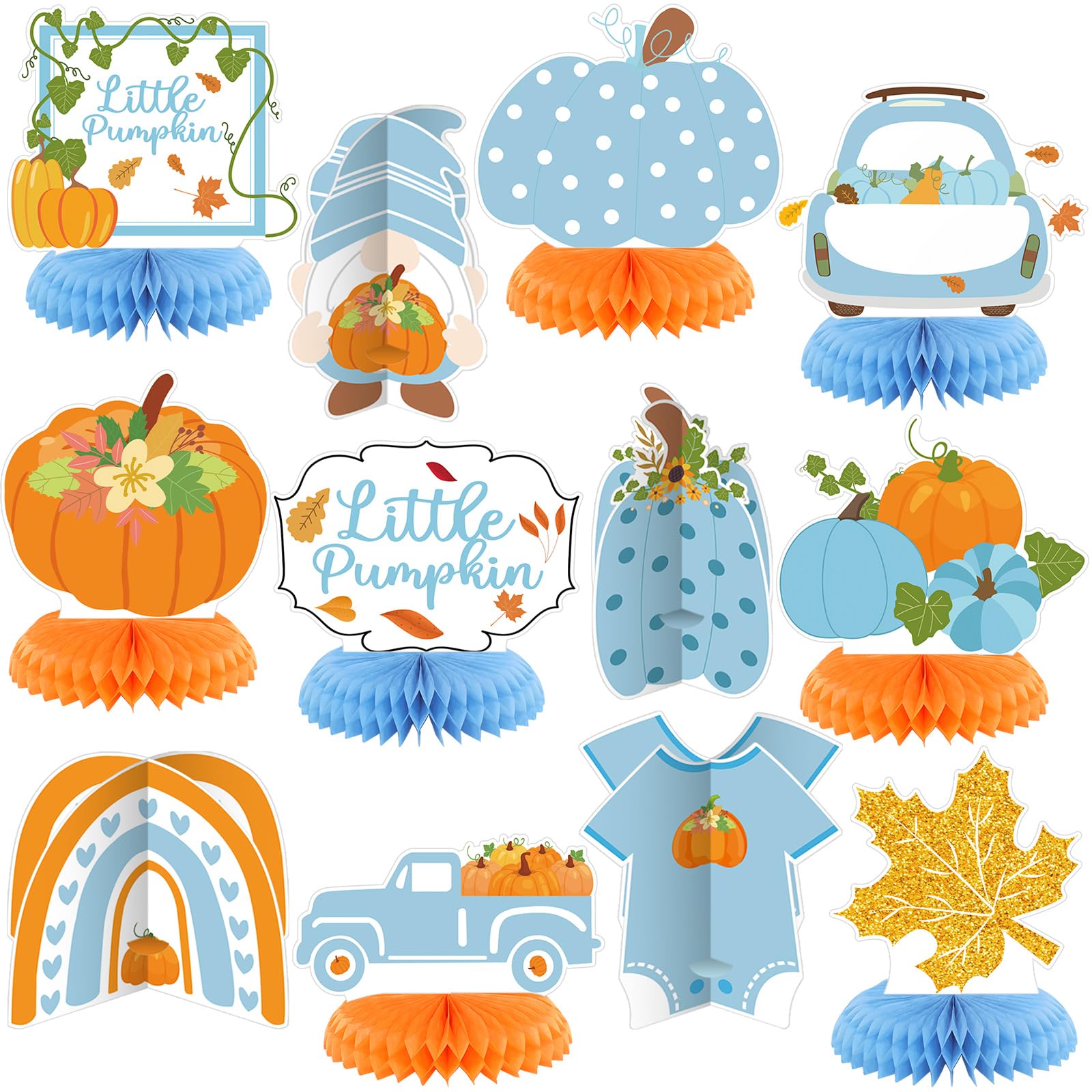 Liliful 12 Pcs Fall Pumpkin Honeycomb Centerpieces Little Pumpkin Party Decorations for Boy Girl Thanksgiving Fall Gender Reveal Baby Shower Autumn Harvest Birthday Party Supplies(Blue)