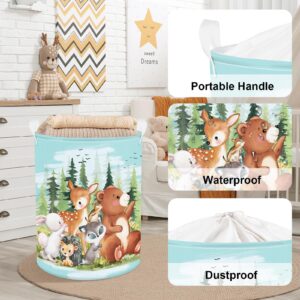 Clastyle 45L Large Blue Jungle Animal Fox Deer Kid Laundry Hamper with Handle Collapsible Rabbit Bear Hedgehog Clothes Toy Storage Basket with Lid for Nursery