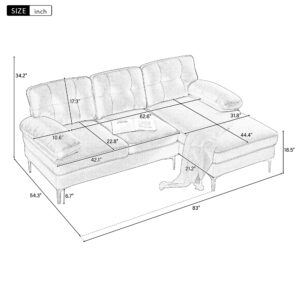 ACQCA 110" L-Shaped Convertible Sectional Sofa with Removable Ottoman and 4 Back Cushions,Velvet Upholstered Couch with Storage Pockets and Nailhead Decorated Armrest, Sturdy Metal Legs, Light Grey1