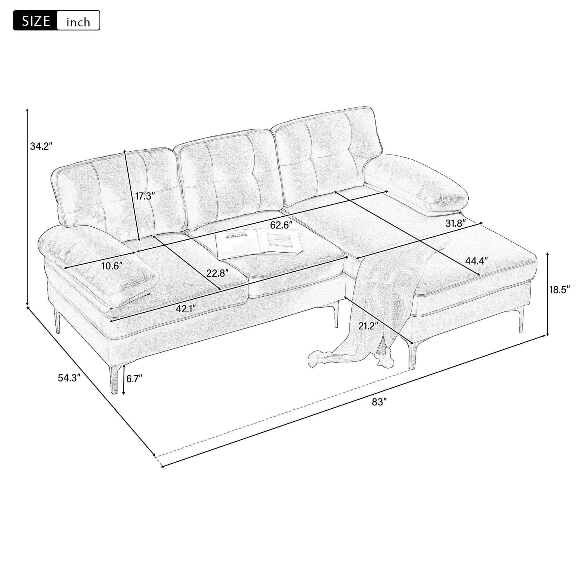 ACQCA 110" L-Shaped Convertible Sectional Sofa with Removable Ottoman and 4 Back Cushions,Velvet Upholstered Couch with Storage Pockets and Nailhead Decorated Armrest, Sturdy Metal Legs, Light Grey1