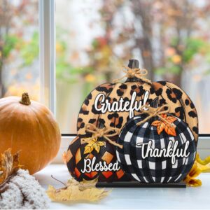 Soaoo Fall Pumpkin Sign Decoration 11 Inch Wooden Pumpkin Table Centerpiece Thanksgiving Autumn Pumpkin Tabletop Sign Blessed Grateful Thankful Sign for Thanksgiving Fall Harvest Home Farmhouse Decor