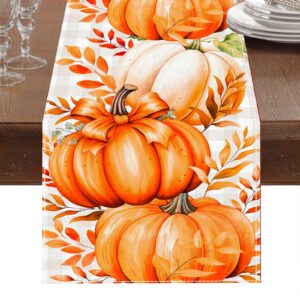 netnology pumpkins leaves fall table runner, white and gray buffalo plaid thanksgiving table runner, seasonal farmhouse indoor decor autumn decorations for home 13 x 72 inch