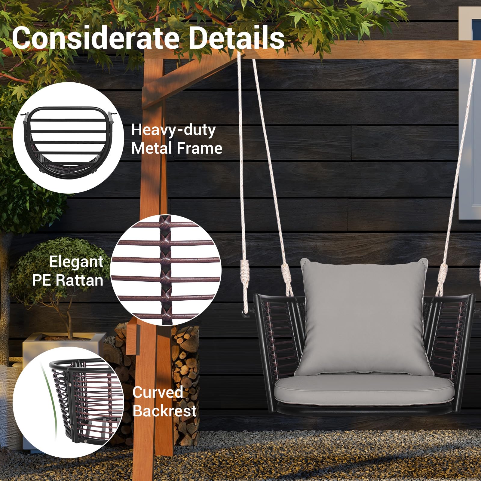 Tangkula Outdoor Metal Porch Swing, Single Person Hanging Seat w/Woven Rattan Backrest, 2 Sturdy Hanging Ropes, Seat & Back Cushions Included, Heavy-Duty Swing Chair for Front Porch, Backyard (Grey)