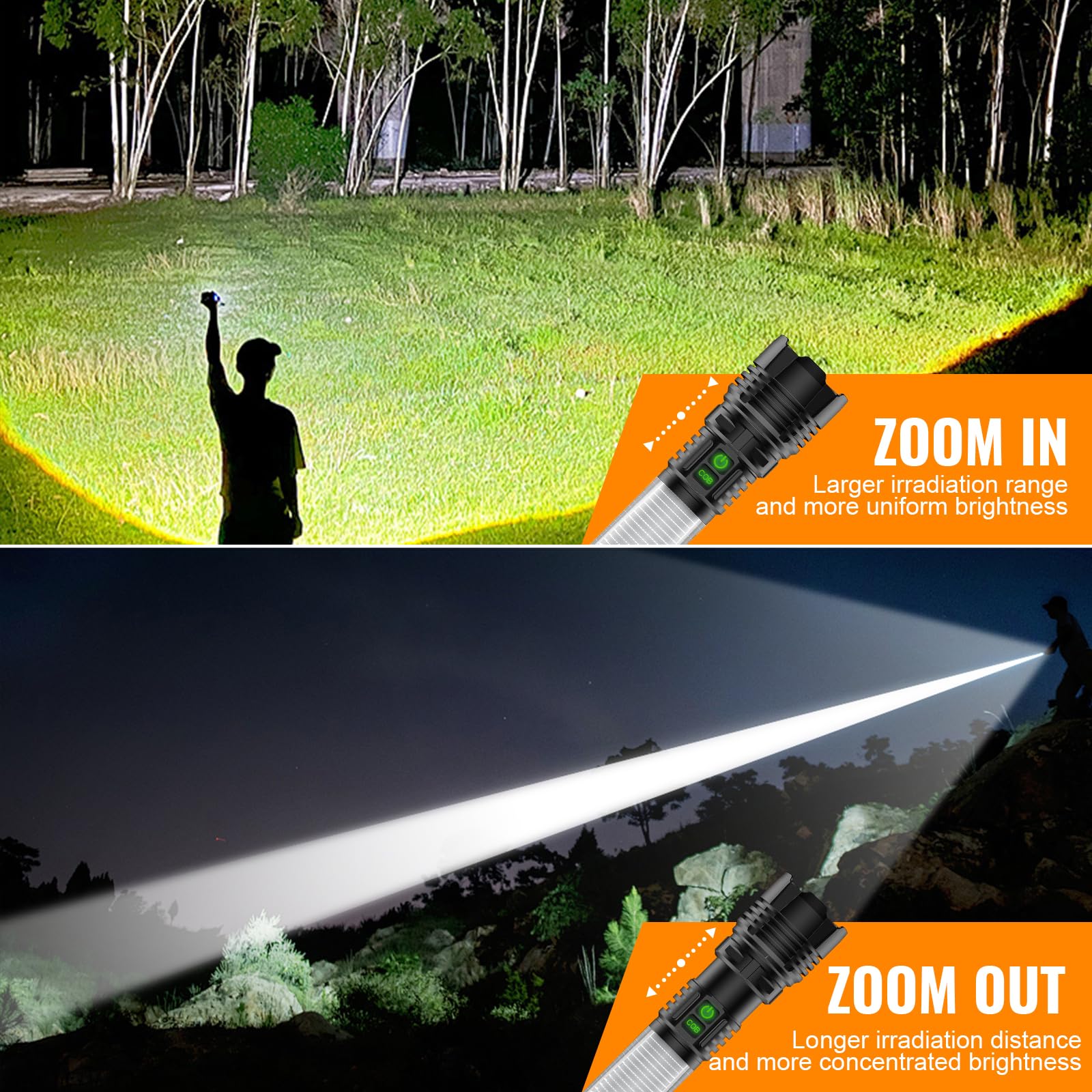 LED Rechargeable Flashlight 100000 High Lumens with Camping Lanterns - 2000 Meters Long Beam Super Bright LED Flashlight, Waterproof Camping Tent Lights 5 Modes, Zoomable Camping Flashlight Lantern