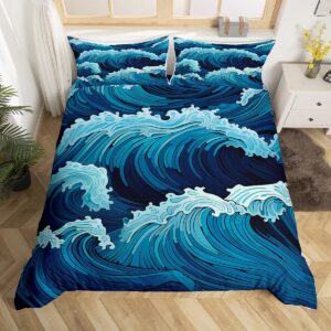 Feelyou Sea Waves Duvet Cover Blue Ocean Coastal Theme Bedding Set for Kids Boys Girls Beach Comforter Cover Soft Bedspread Cover Full Size