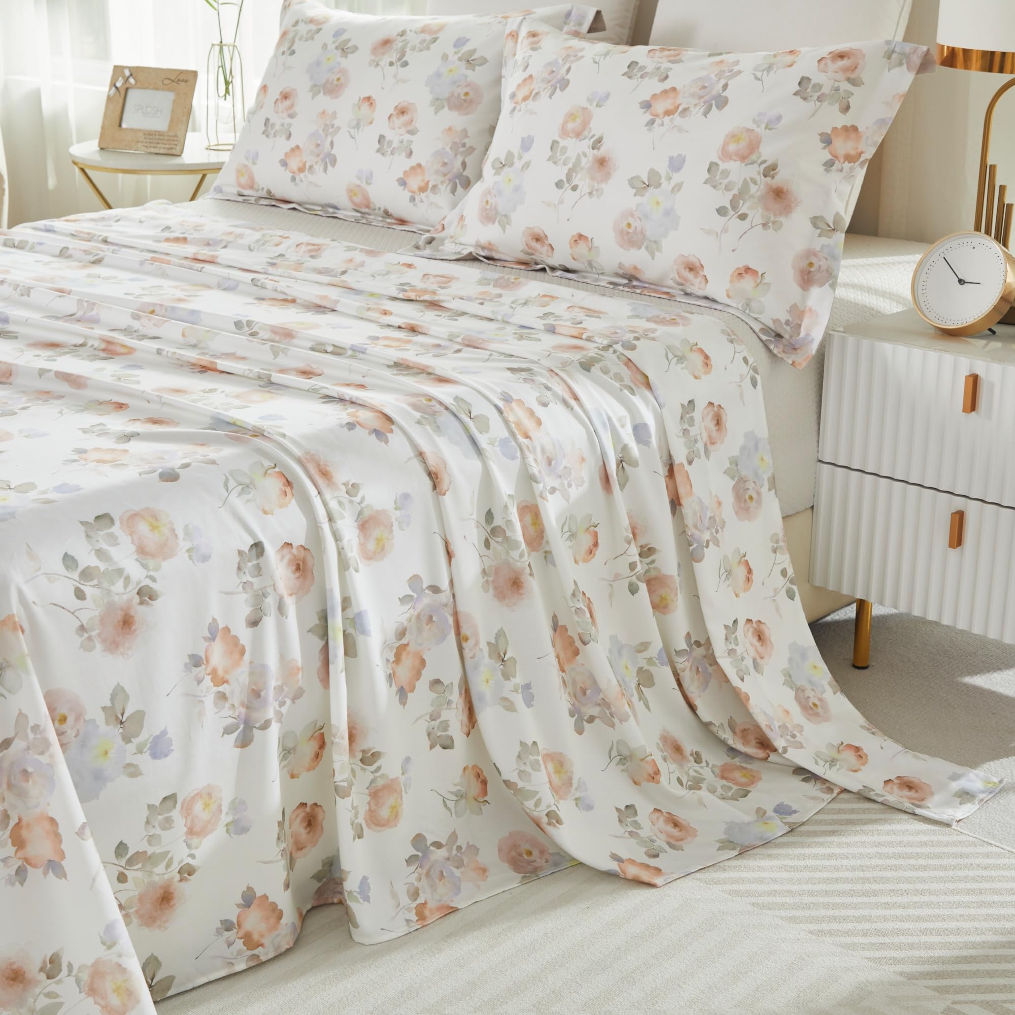 Brandream Floral Bedding Cotton Tencel Duvet Cover Set 4 Piece, 60% Lyocell & 40% Cotton,Hypoallergenic,Breathable and Soft Bedding Set, Floral Duvet Cover with Zipper Closure and Corner Ties