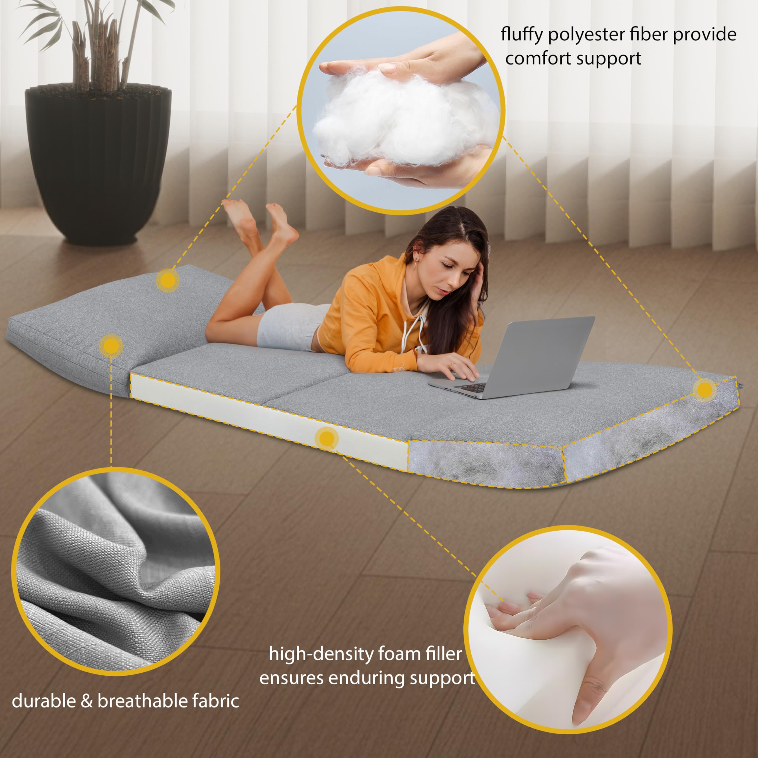 Daneey Folding Sofa Bed Floor Sofa Couch Bean Bag Bed Floor Couch Floor Mattress Foldable with Removable Breathable Cover for Bedroom/Living Room/Small Space