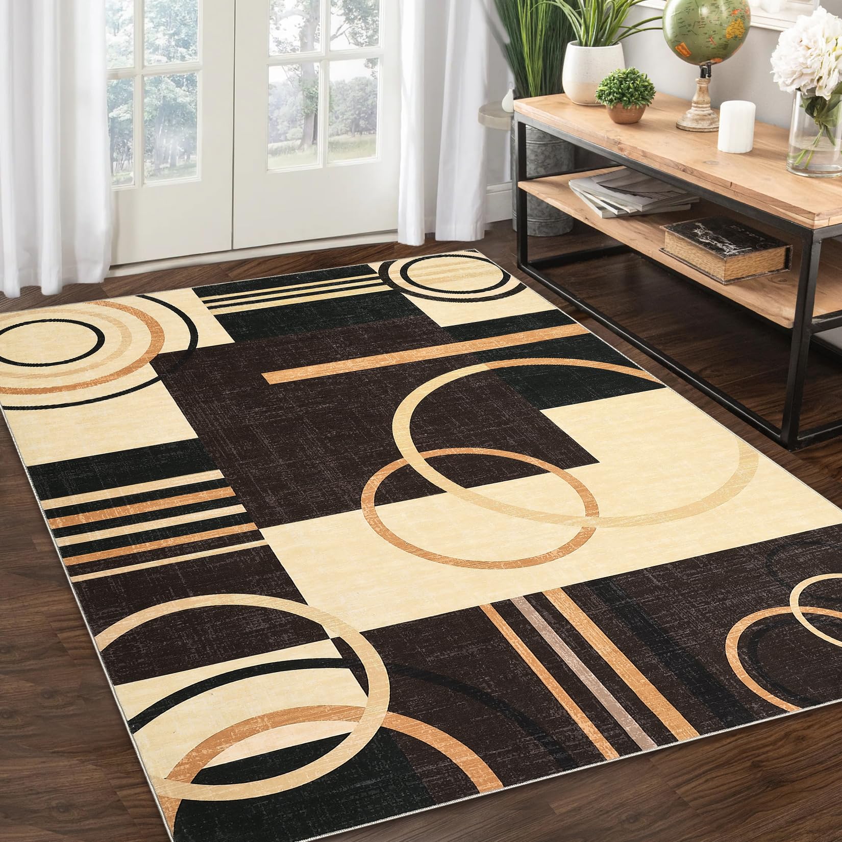 RUGSREAL Large Area Rug 8x10 Modern Geometric Entryway Rug Low Pile Thin Rug Non Slip Throw Rug Foldable Accent Rug Indoor Floor Cover for Bedroom, Brown