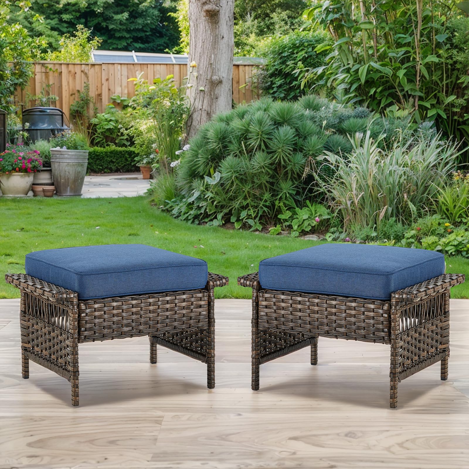 Bellefurn Patio Ottomans 2 Piece Outdoor Wicker Ottomans PE Rattan Footrest with Thickened Cushions Footstools for Garden Sunroom Deck Porch Balcony Poolside, Ottomans(2PCS), Brown|Blue