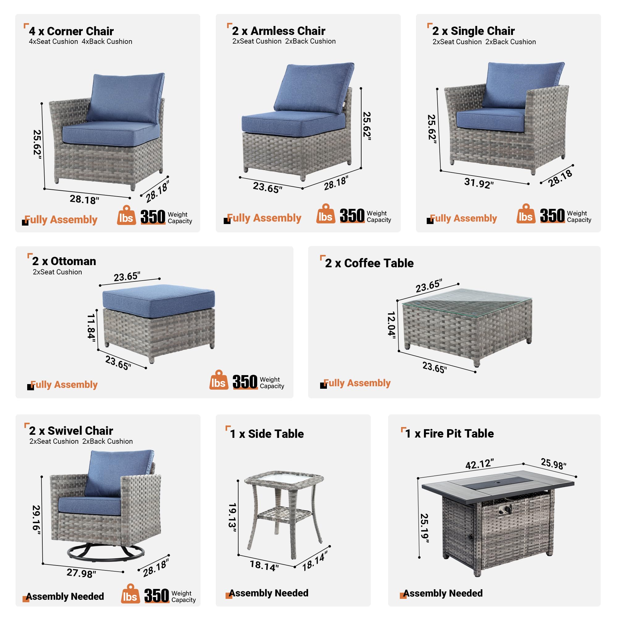 ovios 16 Piece Patio Furniture Set with Fire Pit Table,Outdoor Rattan Wicker Coversation Set with Swivel Rocking Chairs, Sectional Chairs for Outside Porch Balcony Backyard Pool,Light Blue