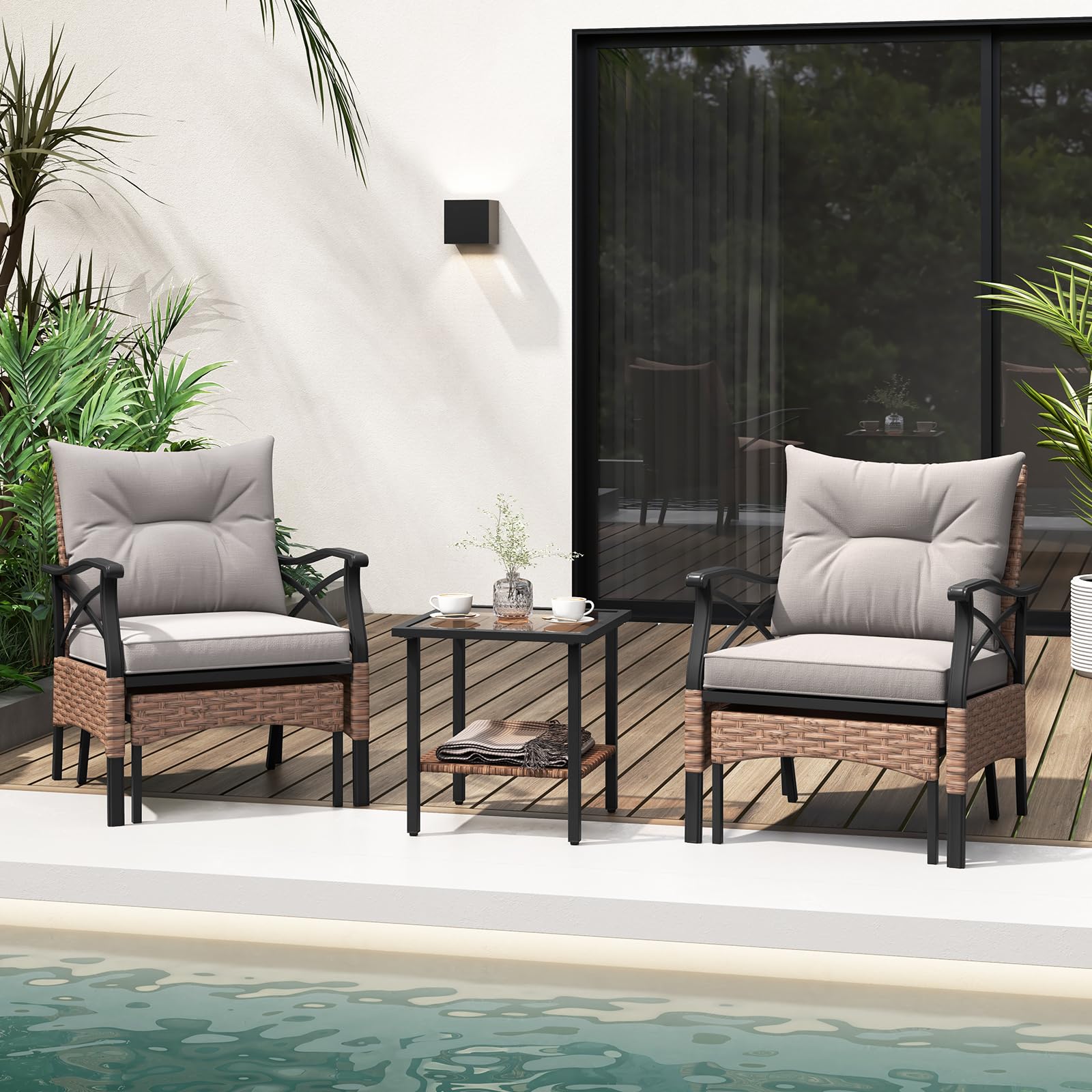 Tangkula 5 Pieces Wicker Patio Furniture Set, Outdoor Rattan Chairs with Ottomans, Cushions and 2-Tier Tempered Glass Side Table, Patio Conversation Bistro Set for Garden, Porch, Balcony