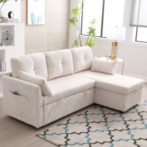 vliekcy sectional sleeper sofa bed,convertible pull out couch with storage chaise lounge, upholstered l shape sofa with 2 pillows, comfortable velet fabric couches for living room, beige