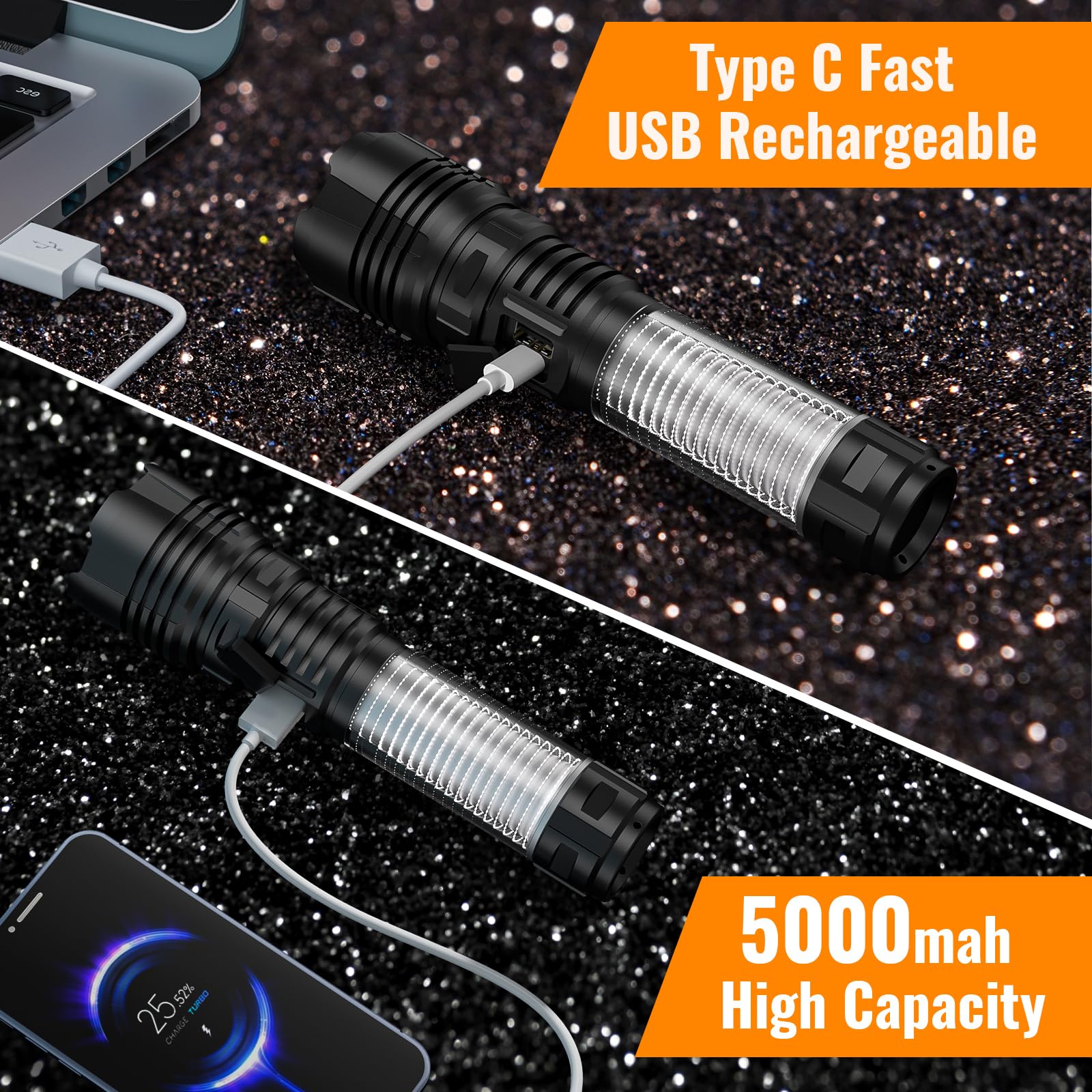 LED Rechargeable Flashlight 100000 High Lumens with Camping Lanterns - 2000 Meters Long Beam Super Bright LED Flashlight, Waterproof Camping Tent Lights 5 Modes, Zoomable Camping Flashlight Lantern