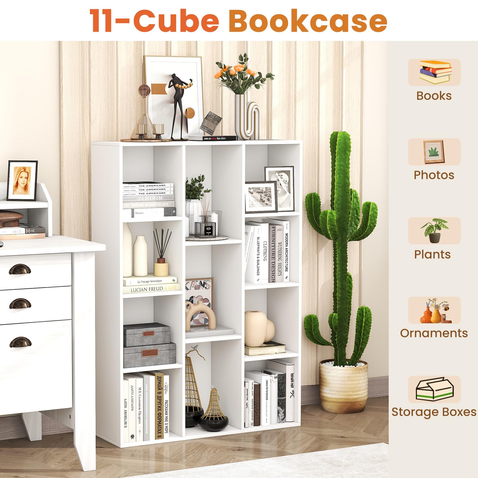 Tangkula 11-Cube Bookcase, Modern Freestanding White Geometric Bookshelf, Multifunctional Book Storage Organizer Display Cabinet with Anti-Tipping Kits for Living Room Study Office (2, White)