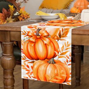 Netnology Pumpkins Leaves Fall Table Runner, White and Gray Buffalo Plaid Thanksgiving Table Runner, Seasonal Farmhouse Indoor Decor Autumn Decorations for Home 13 x 72 Inch