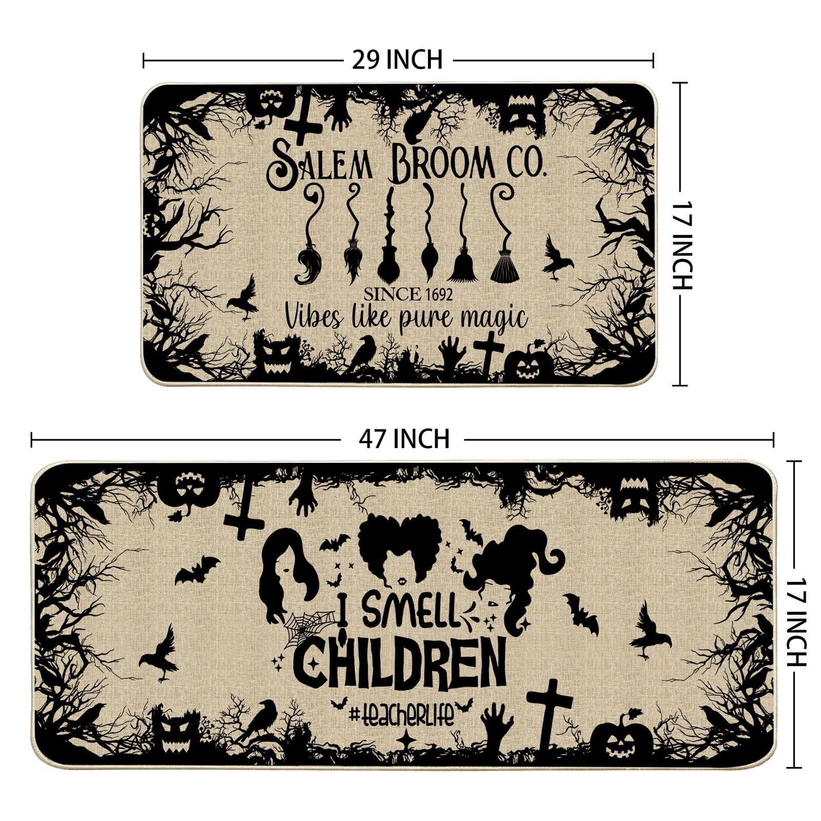 cusugbaso Halloween Kitchen Mats, Witches Kitchen Rugs Set of 2 - I Smell Children Halloween Kitchen Decor for Floor - Halloween Decorations for Home 17"x27+17"x47"