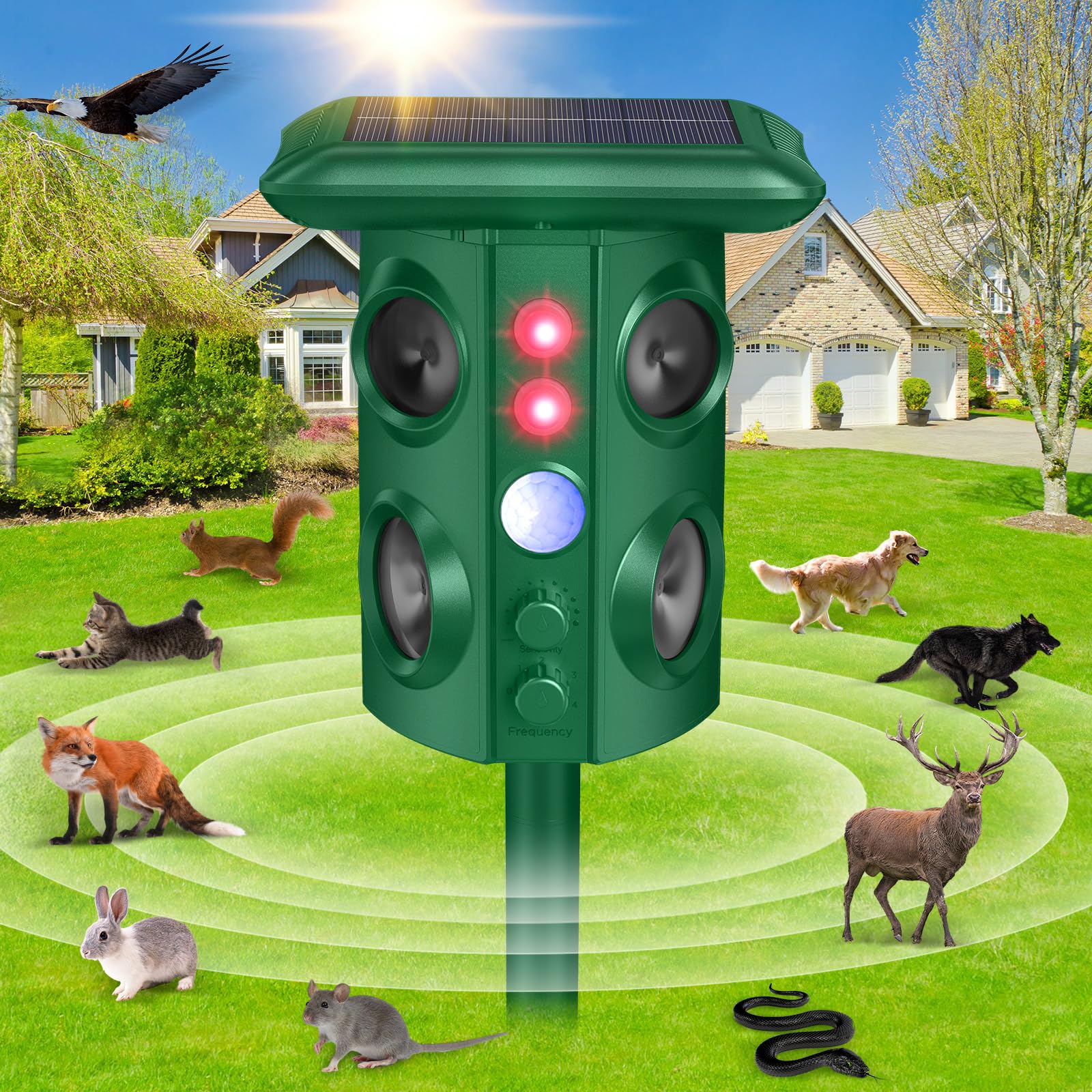 Solar Animal Repellent Outdoor with Vibration and Motion Sensor, Waterproof with Flashing Light, Ultrasonic Pest Repellent for Snakes, Moles, Cat, Dog, Squirrels, Deer, Raccoons, Coyotes, Rabbit