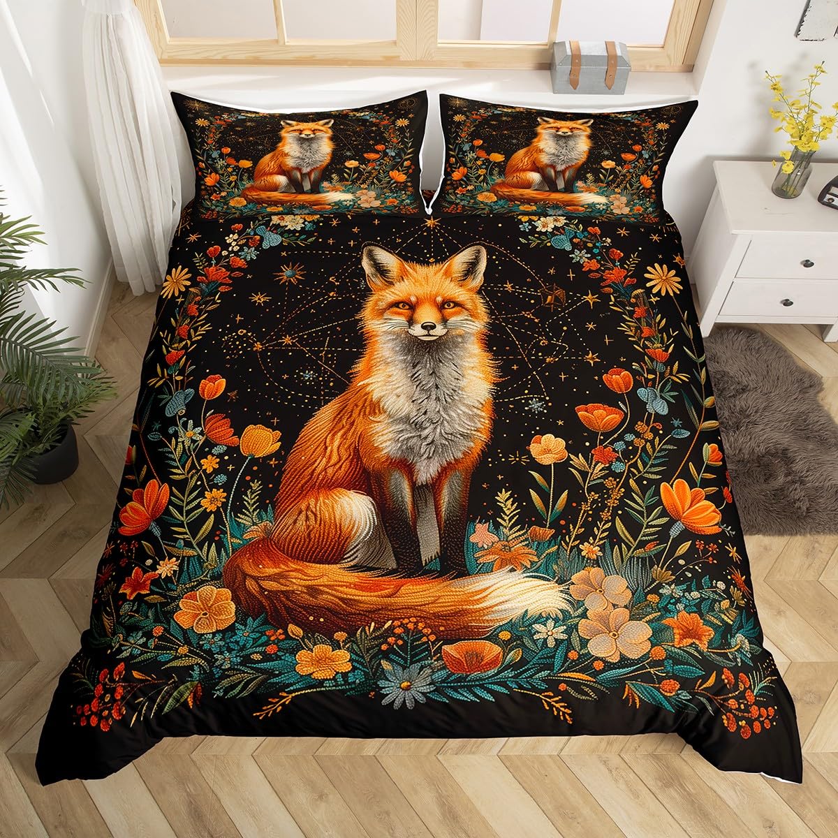 3D Fox Duvet Cover Set King Size,Twelve Constellations Botanical Comforter Cover 3Pcs,Flower Green Leaves Bedding Set for Kids Boys Teens Girls Room Decor,Wild Animal Bedspreads Cover,2 Pillowcases