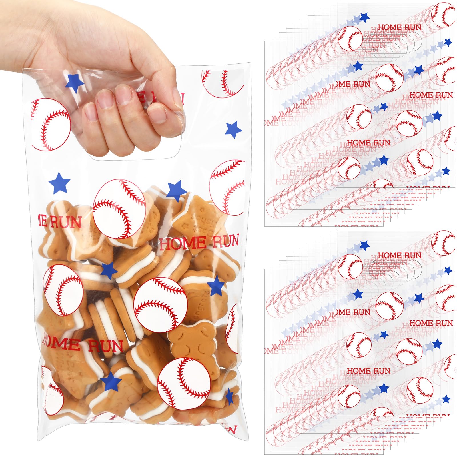 Cholemy 100 Pcs Baseball Gift Bags for Snacks Clear Baseball Goodie Bags with Handles Plastic Baseball Party Favors Sport Candy Treat Bags Baseball Birthday Party Supplies for Teams, 6.3 x 9.8 Inch