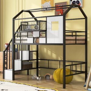 think 30 metal loft bed with roof design and a storage box, twin, black