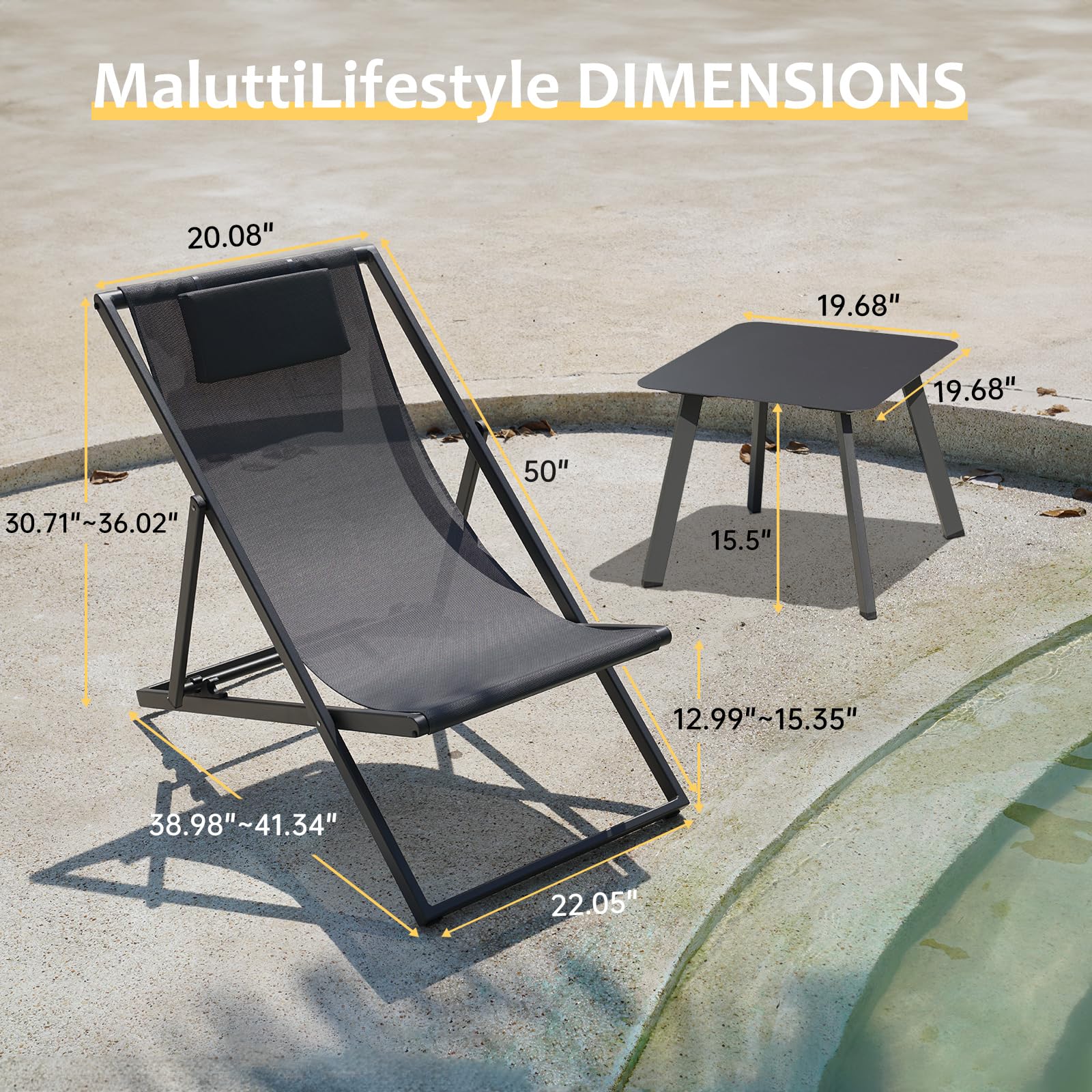 MaluttiLifestyle Outdoor Reclining Lounge Chairs and Aluminum Table, Set of 2 Rust-Proof Lightweight Foldable Patio Sling Chairs Adjustable Lounge Chairs with Aluminum Frames and Headrest, Gray