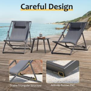 MaluttiLifestyle Outdoor Reclining Lounge Chairs and Aluminum Table, Set of 2 Rust-Proof Lightweight Foldable Patio Sling Chairs Adjustable Lounge Chairs with Aluminum Frames and Headrest, Gray