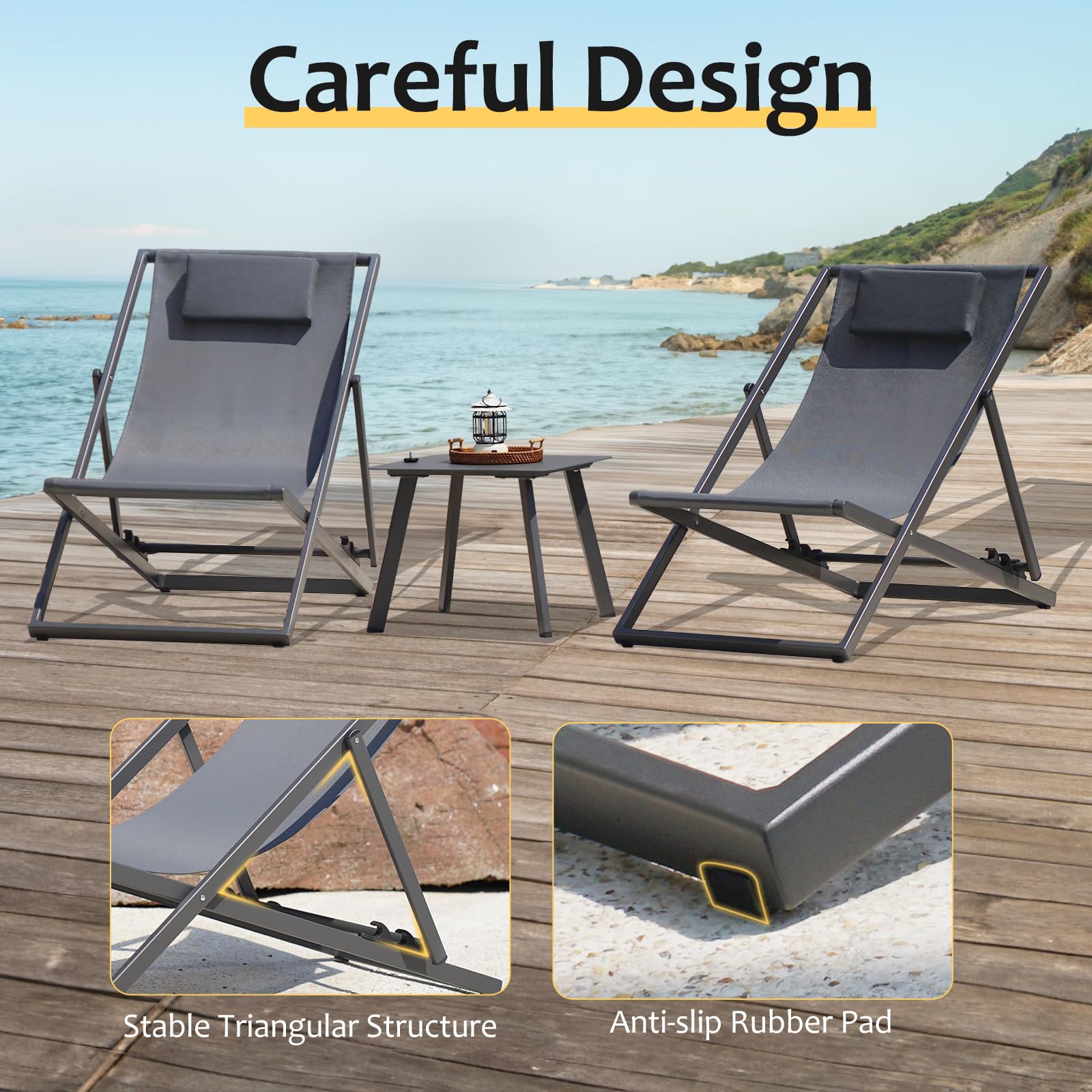 MaluttiLifestyle Outdoor Reclining Lounge Chairs and Aluminum Table, Set of 2 Rust-Proof Lightweight Foldable Patio Sling Chairs Adjustable Lounge Chairs with Aluminum Frames and Headrest, Gray