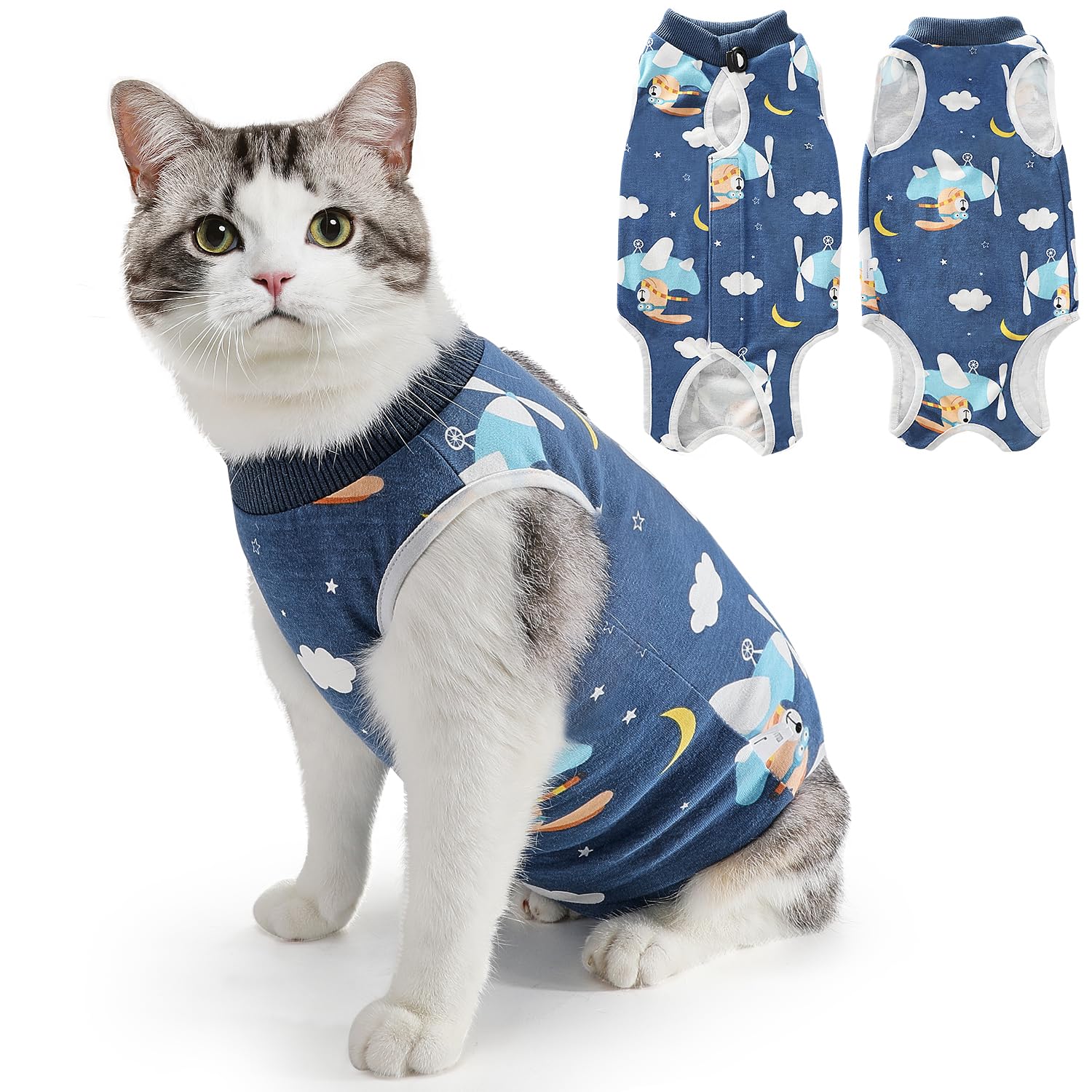 SlowTon Cat Recovery Suit - Cat Onesie for Cats After Surgery Female Male, Kitten Clothes Cat Surgical Spay Suit Abdominal Wounds, E-Collar Alternative Cats Bodysuit Shirt Anti-Licking (Blue, L)