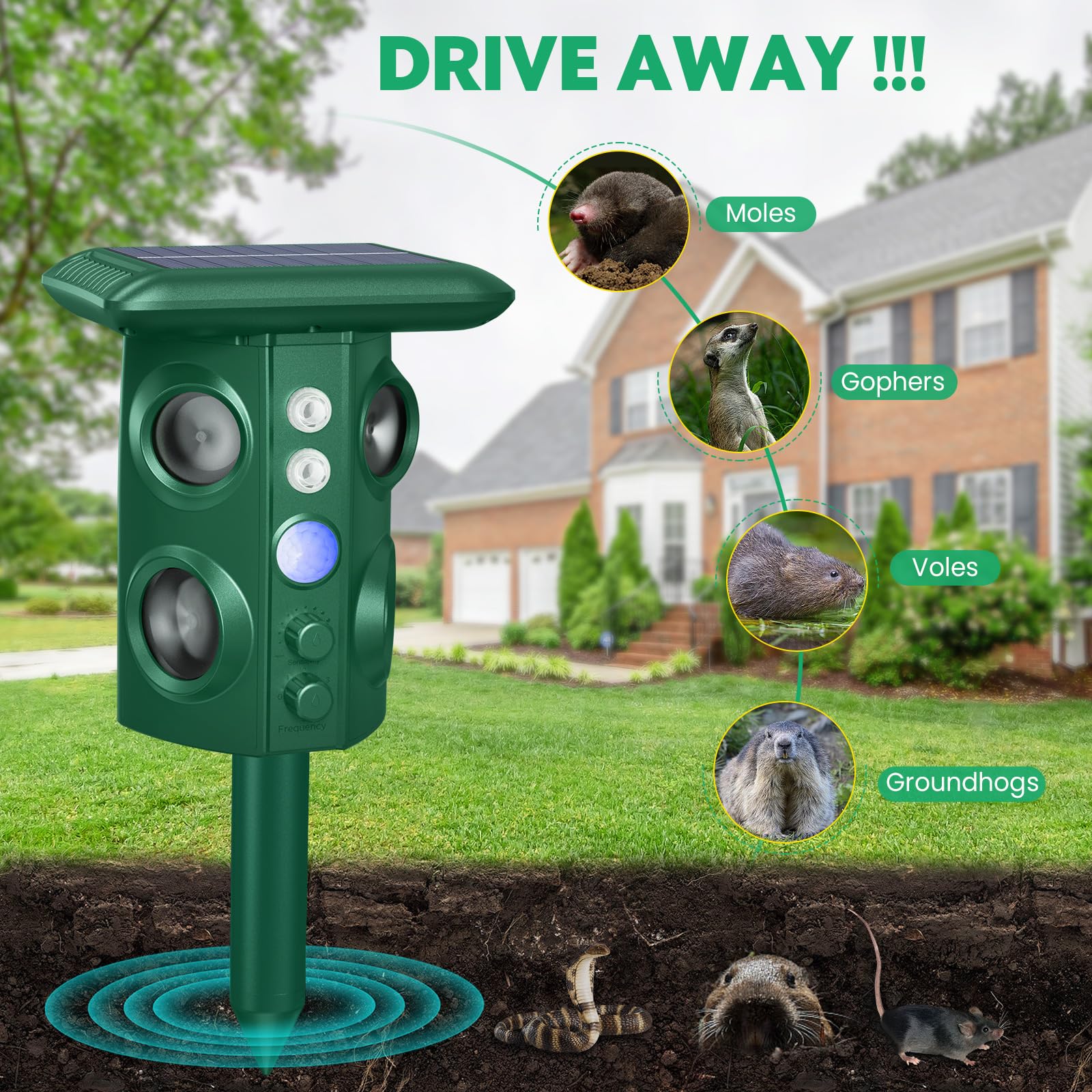 Solar Animal Repellent Outdoor with Vibration and Motion Sensor, Waterproof with Flashing Light, Ultrasonic Pest Repellent for Snakes, Moles, Cat, Dog, Squirrels, Deer, Raccoons, Coyotes, Rabbit