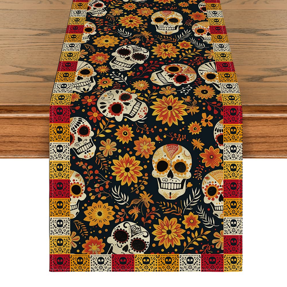 Artoid Mode Sugar Skull Yellow Daisy Day of The Dead Table Runner, Dia De Los Muertos Mexican Kitchen Dining Table Decoration for Home Party Decor 13x72 Inch