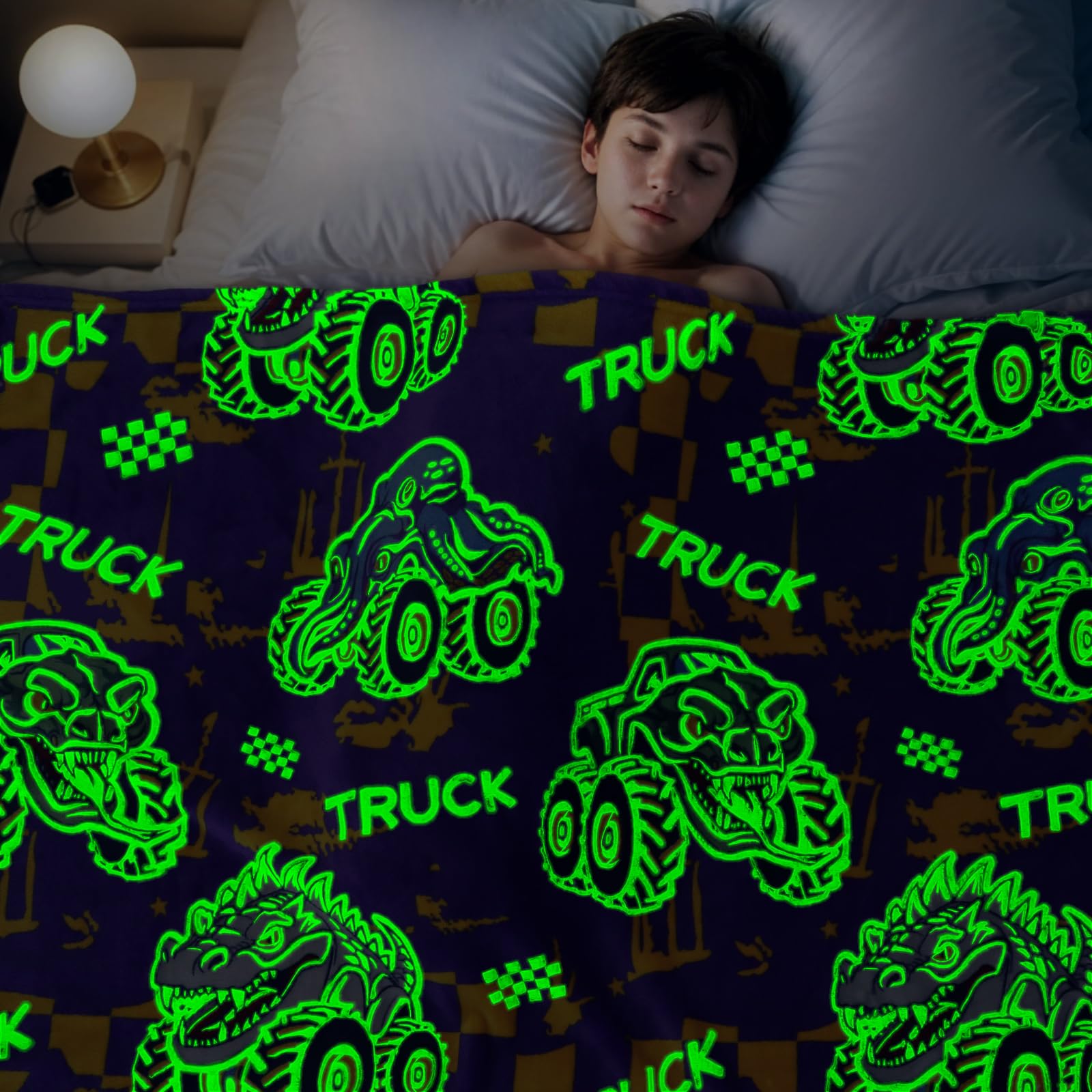 Glow in The Dark Blanket for Boys Truck Car Blanket Gifts for Kids Glowing Tractor Throw Blanket Soft Fleece Blanket for Bed Sofa Room Decor