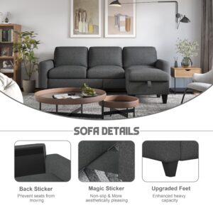 Yattem Convertible Sectional Sofa Couch:Dark Grey 3 Seat L Shaped Sofa Couch with Storage Movable Ottoman and Pockets—Modern Linen Fabric Upholstered Sofa Set for Living Room Small Space Apartment