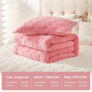 Cozy Bliss Fluffy Queen Size Comforter Set, Farmhouse Jacquard Checkered Sherpa Bed Set, Ultra Soft Thick Bedding Set for Winter, 3 Pieces, 1 Fuzzy Comforter & 2 Pillow Shams, Hot Pink