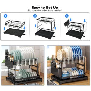 FOXMIND Dish Drying Rack,Space-Saving 2-Tier Dish Drying Rack Kitchen with Drainboard,Rustproof Kitchen Desktop Organizer with Utensil Holder & Cup Holder for Kitchen Counter,11.4''W x 16.5''L,Black