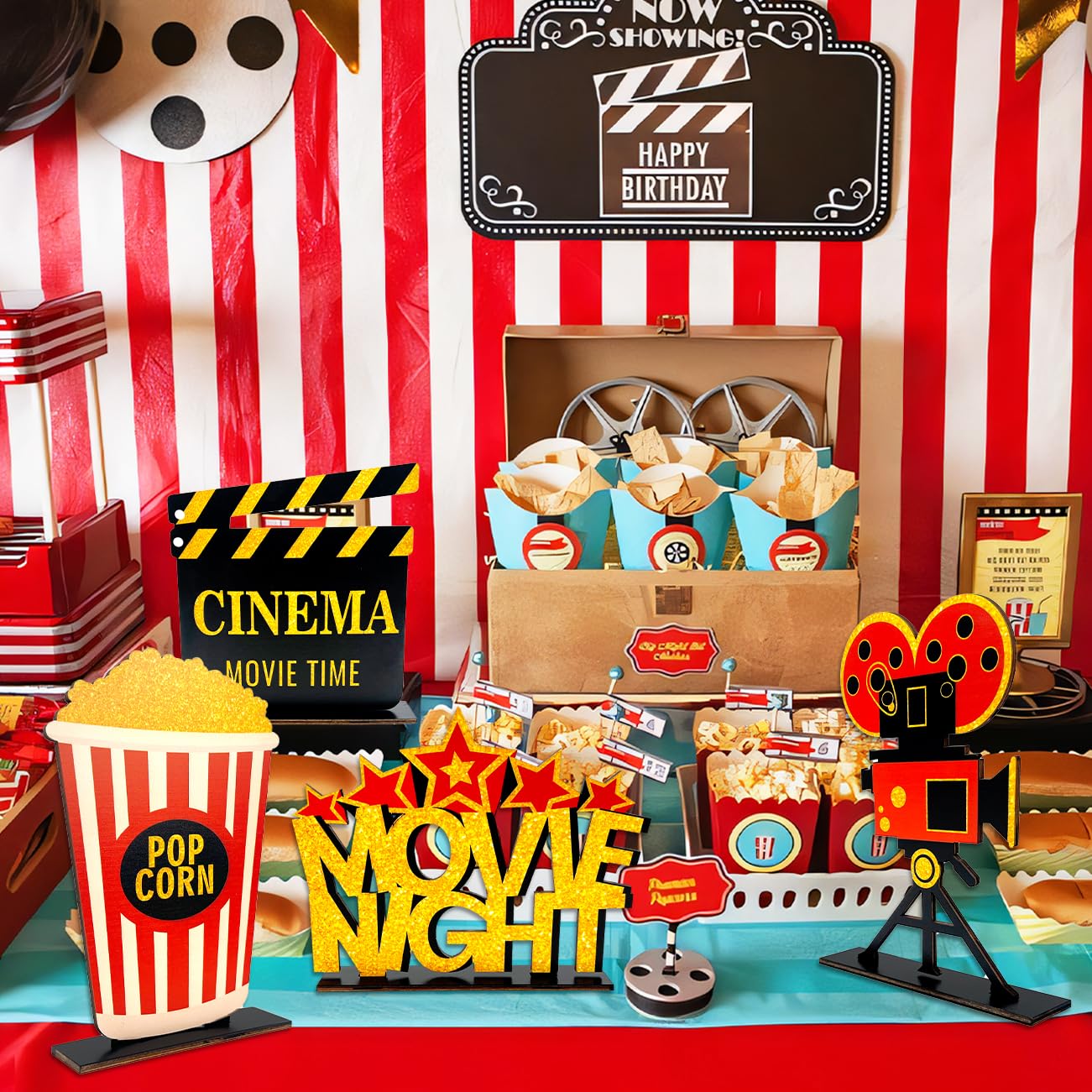 4 Pieces Movie Night Decorations Movie Theater Table Wooden Centerpieces Sign Hollywood Theme Party Decorations for Cinema Movie Time Birthday Party Favors Supplies