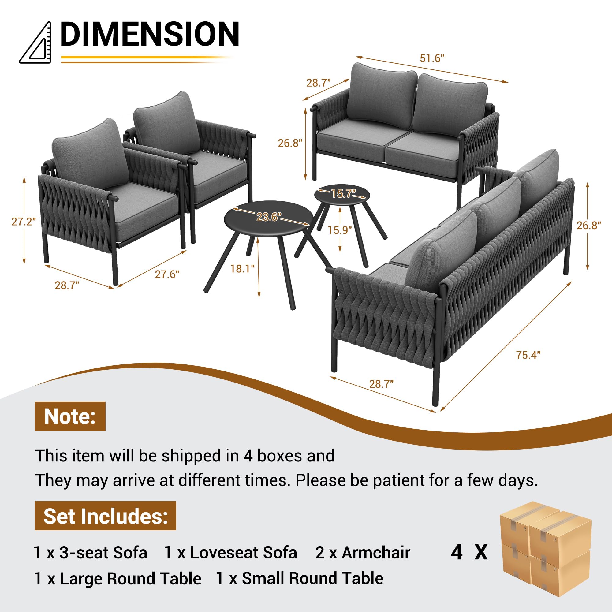 VONZOY Metal Outdoor Patio Furniture Set, 6 Pieces Modern Outdoor Conversation Furniture Sets w/2 Coffee Table, Outside Furniture with High-Resiliency Sponge Cushions for Poolside, Yard, Balcony