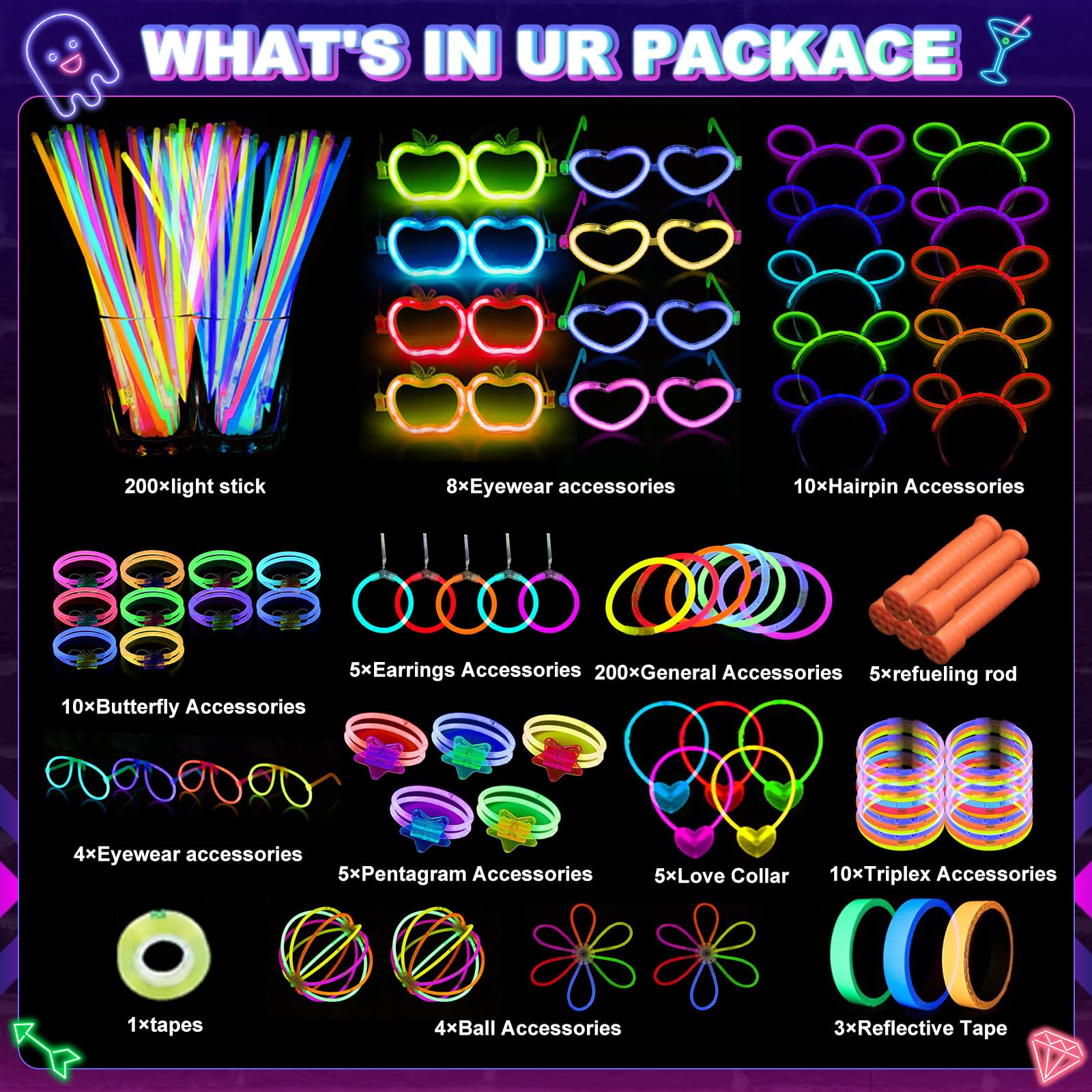 470psc Glow in the Dark Party Supplies for Kids Adults birthdays,Light Up Party Favors with，200 Glow Sticks Bulk，DIY Glow Necklaces Glasses Bracelets Headband, Christmas Party Neon Party Supplies