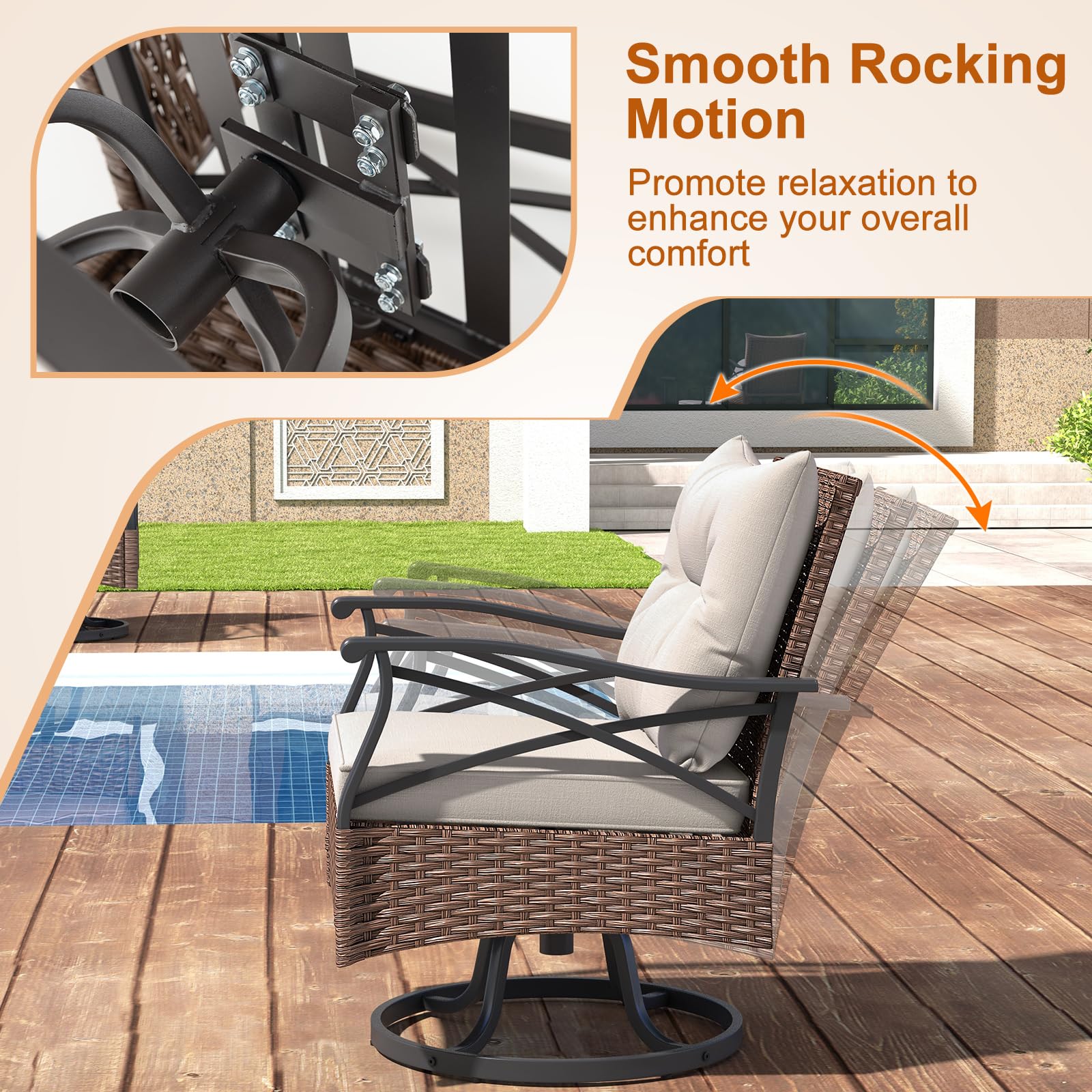 Tangkula Outdoor Swivel Rocking Chairs Set, 360 Degree Patio Cushioned Rocker Chairs with 2-Tier Tempered Glass Side Table, for Garden, Poolside, Backyard