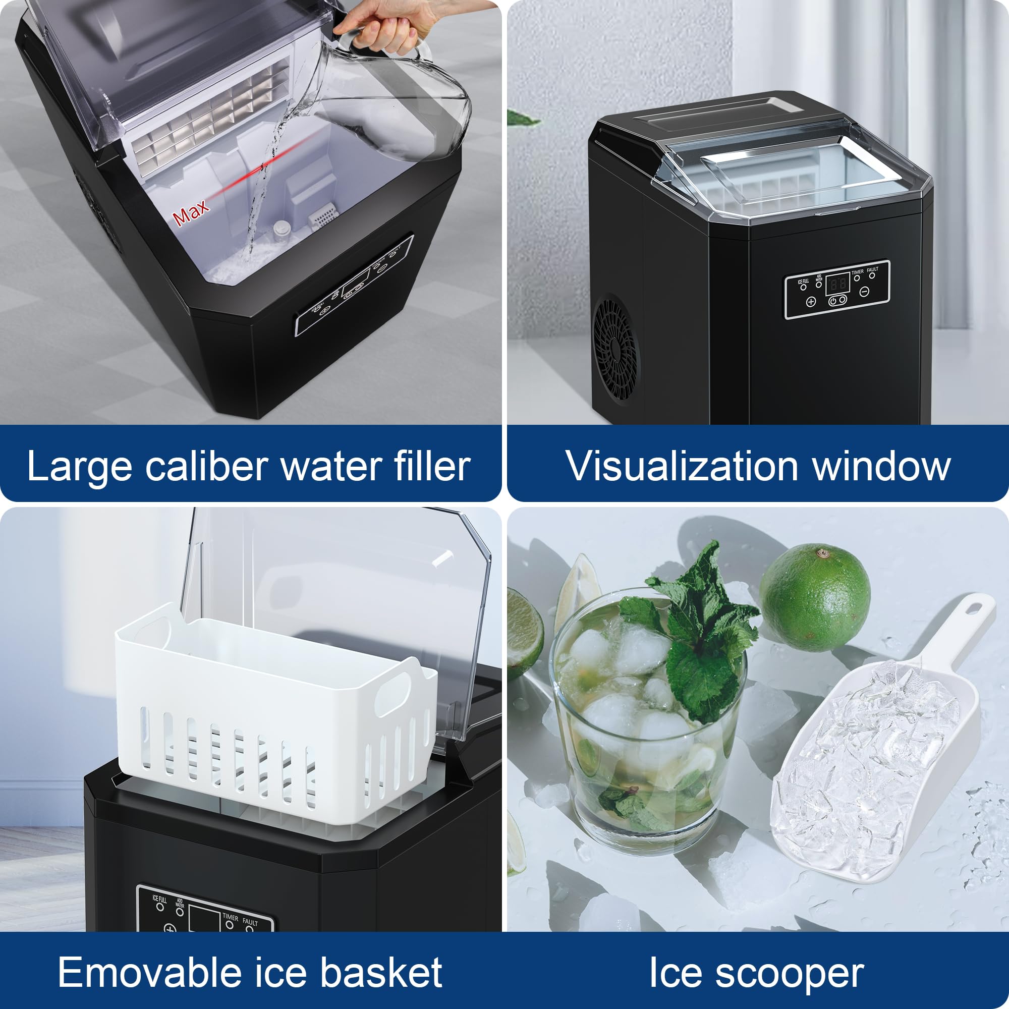 OOTDAY Ice Cube Maker, Counter Top Ice Maker with 2 Ways to Add Water, 44 LBS/24H Ice Machine with Transparent Lid Perfect for Home, Office, Kitchen, RV, Basement Bars