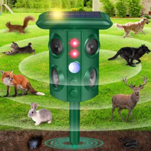 solar animal repellent with vibration, waterproof, motion sensor & flashing light, ultrasonic pest repellent for snakes, moles, cats, dogs, squirrels, deer, raccoon, coyotes - outdoor use