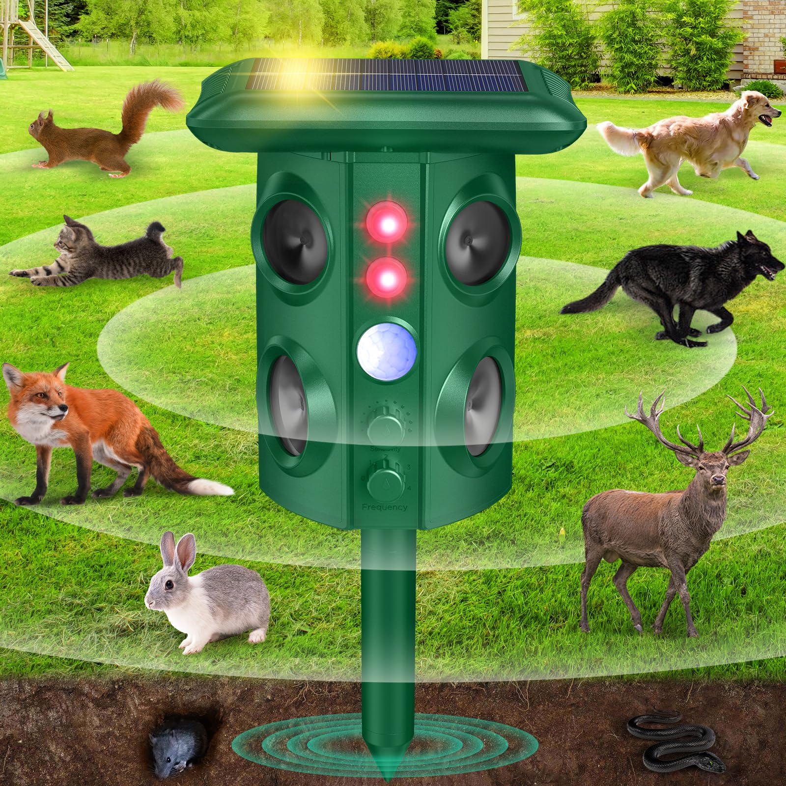 Solar Animal Repellent with Vibration, Waterproof, Motion Sensor & Flashing Light, Ultrasonic Pest Repellent for Snakes, Moles, Cats, Dogs, Squirrels, Deer, Raccoon, Coyotes - Outdoor Use