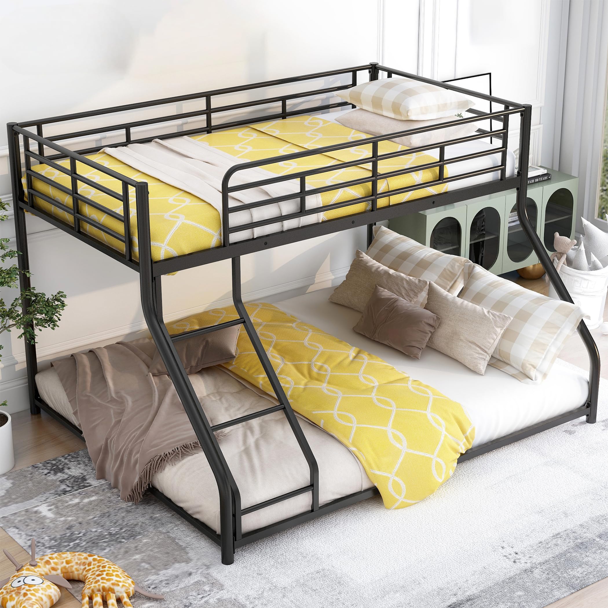 FRANSOUL Full XL Over Queen Size Bunk Bed, Heavy Duty Metal Bunk Bed Frame with Inclined Ladder & Safety Guardrail, Low Metal Floor Bed for Teens Youths Adults, Space Saving & Noise Free